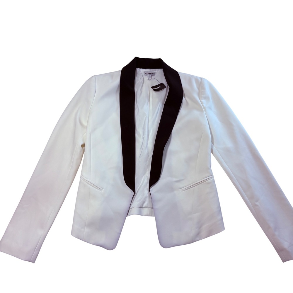 Express Womens White Black Contrast Shawl Collar Open Front Blazer Size 2 NEW